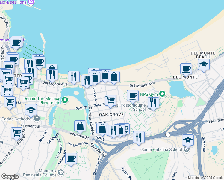 map of restaurants, bars, coffee shops, grocery stores, and more near in Monterey