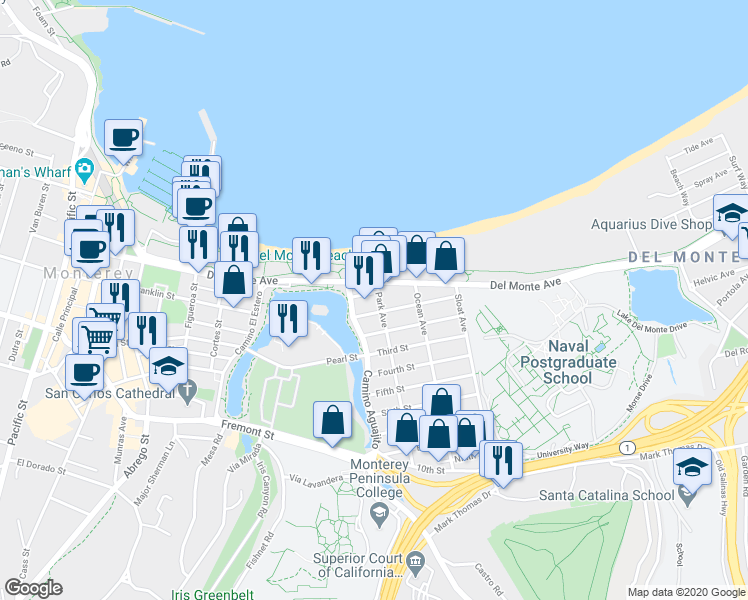 map of restaurants, bars, coffee shops, grocery stores, and more near 1099 Del Monte Avenue in Monterey