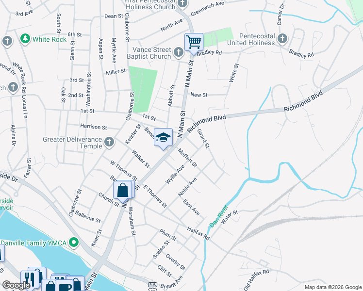 map of restaurants, bars, coffee shops, grocery stores, and more near 1202 Richmond Boulevard in Danville