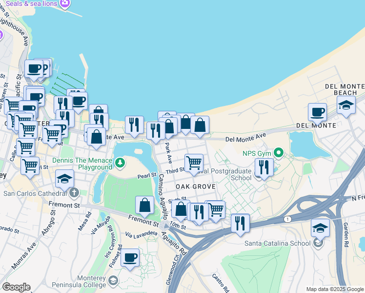 map of restaurants, bars, coffee shops, grocery stores, and more near 1187 First Street in Monterey