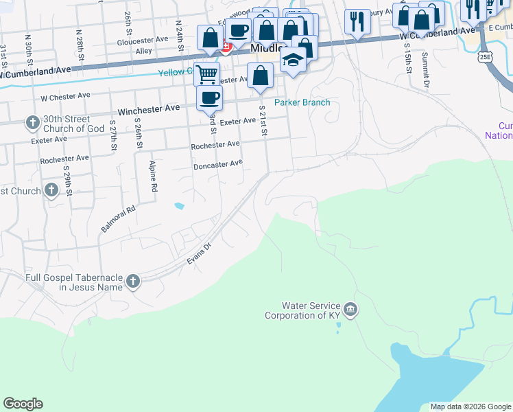 map of restaurants, bars, coffee shops, grocery stores, and more near 32 Evans Lane in Middlesboro