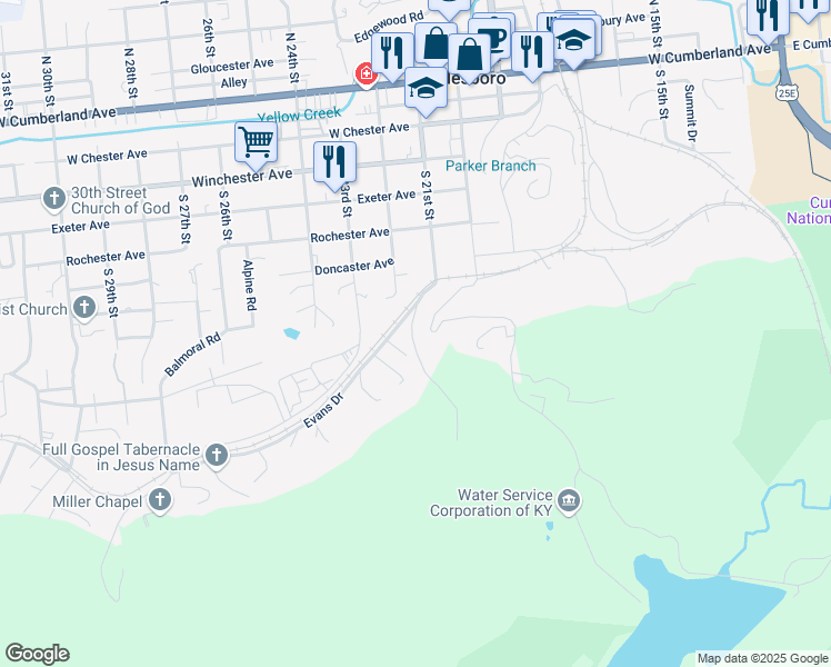 map of restaurants, bars, coffee shops, grocery stores, and more near 32 Evans Lane in Middlesboro
