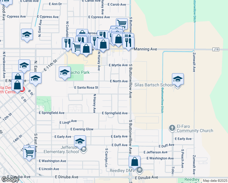map of restaurants, bars, coffee shops, grocery stores, and more near 463 North Cedar Avenue in Reedley