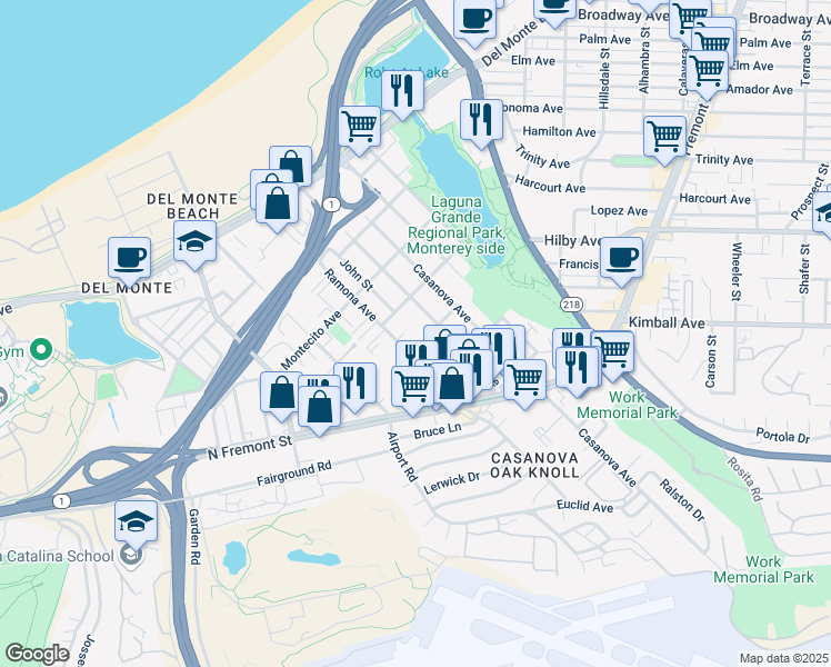 map of restaurants, bars, coffee shops, grocery stores, and more near 318 Branner Avenue in Monterey