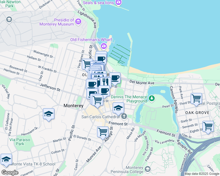 map of restaurants, bars, coffee shops, grocery stores, and more near 340 Tyler Street in Monterey