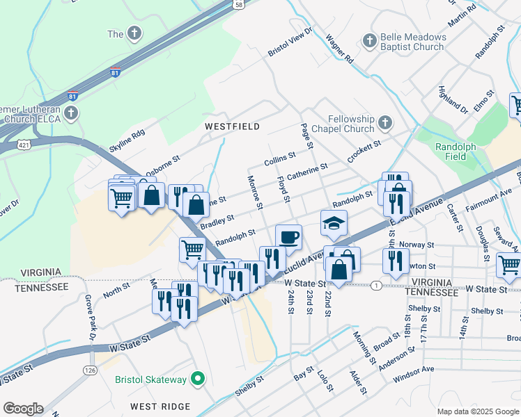 map of restaurants, bars, coffee shops, grocery stores, and more near 399 Wagner St in Bristol
