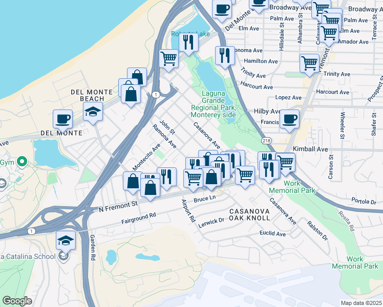map of restaurants, bars, coffee shops, grocery stores, and more near 455 Ramona Avenue in Monterey