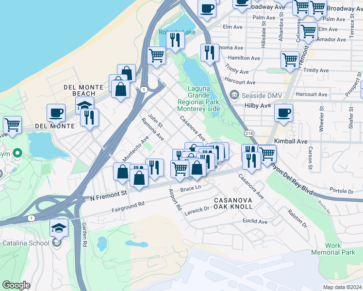 map of restaurants, bars, coffee shops, grocery stores, and more near 318 Branner Avenue in Monterey