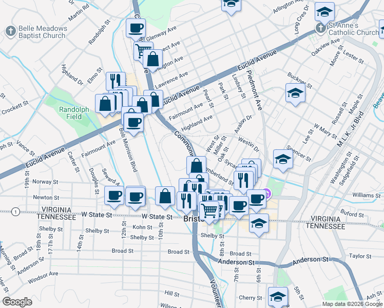 map of restaurants, bars, coffee shops, grocery stores, and more near 130 Commonwealth Avenue in Bristol