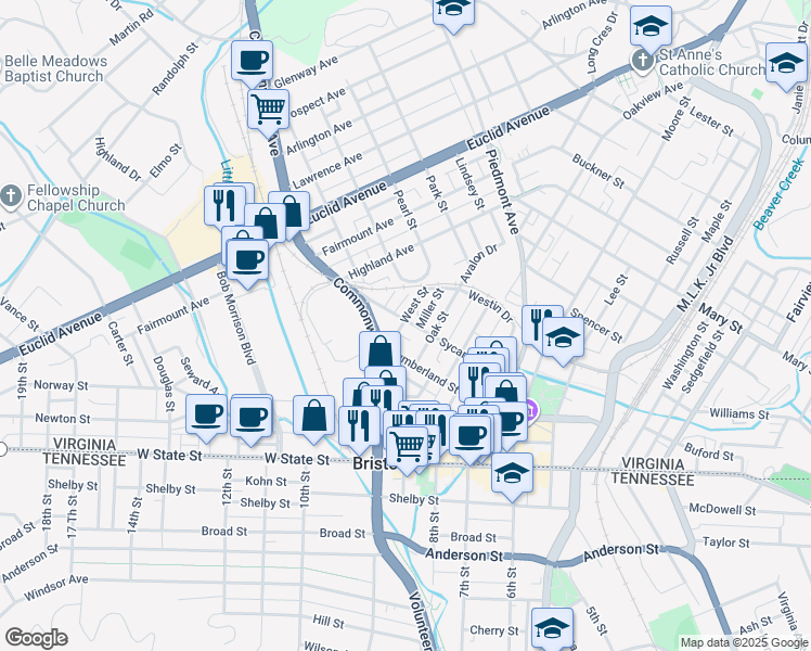 map of restaurants, bars, coffee shops, grocery stores, and more near Sycamore Street in Bristol