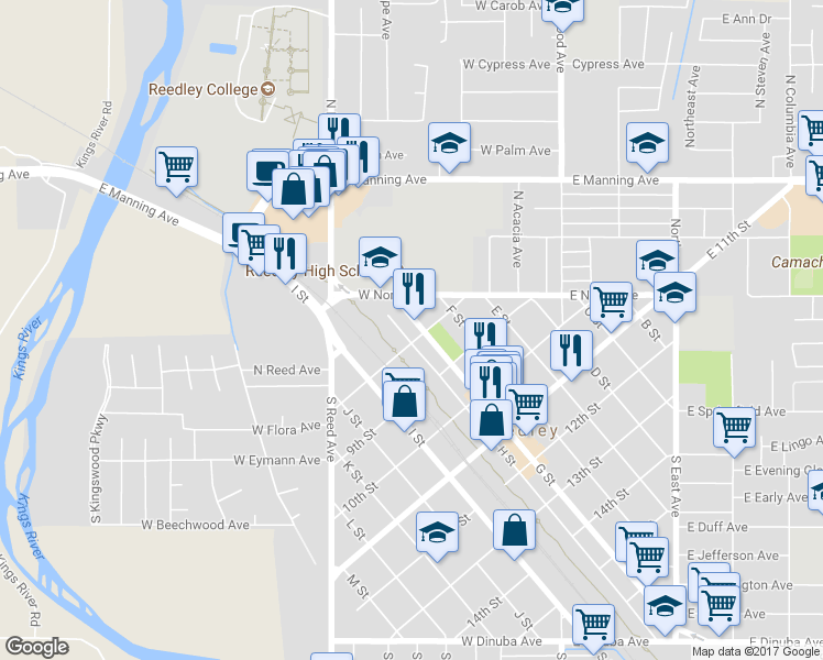 map of restaurants, bars, coffee shops, grocery stores, and more near 1725 8th Street in Reedley