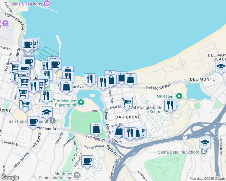 map of restaurants, bars, coffee shops, grocery stores, and more near 1099 Del Monte Avenue in Monterey