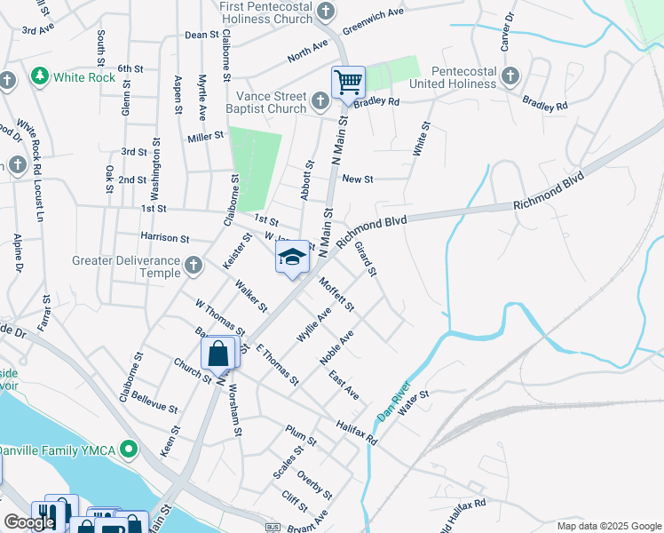 map of restaurants, bars, coffee shops, grocery stores, and more near 1202 Richmond Boulevard in Danville
