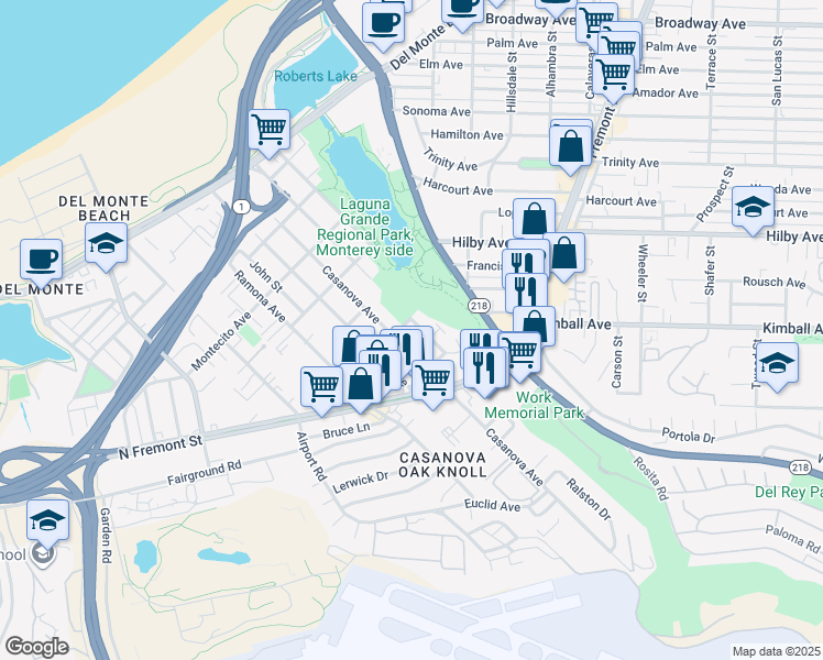 map of restaurants, bars, coffee shops, grocery stores, and more near 542 English Avenue in Monterey