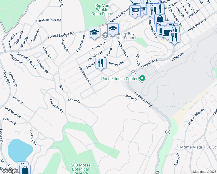map of restaurants, bars, coffee shops, grocery stores, and more near 1255 Buena Vista Avenue in Pacific Grove