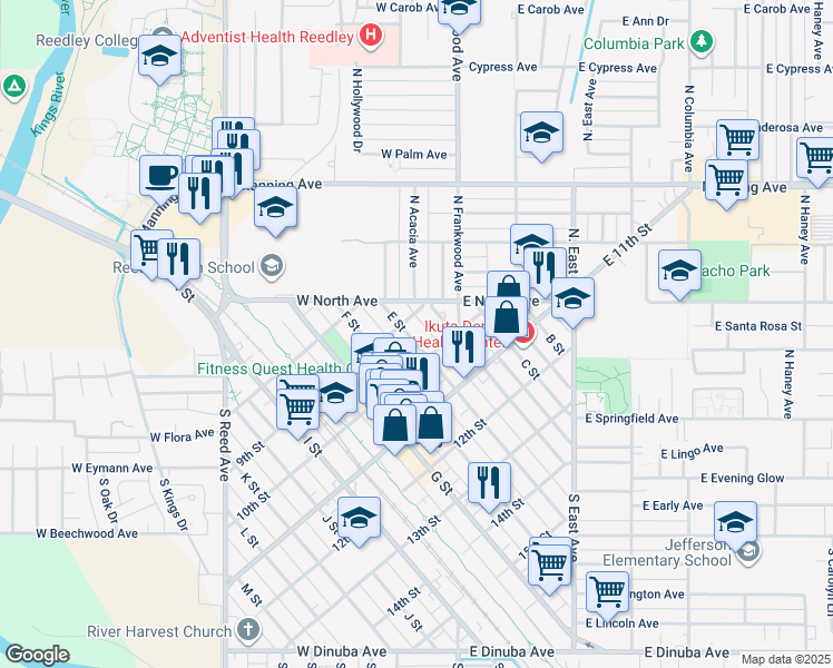 map of restaurants, bars, coffee shops, grocery stores, and more near 922 E Street in Reedley