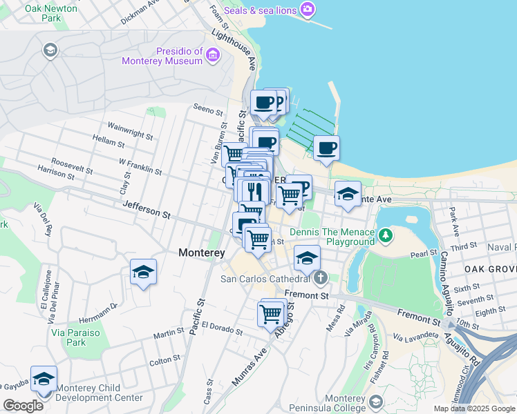 map of restaurants, bars, coffee shops, grocery stores, and more near 413 Alvarado Street in Monterey