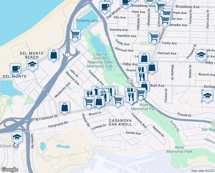 map of restaurants, bars, coffee shops, grocery stores, and more near 401 Sequoia Avenue in Monterey