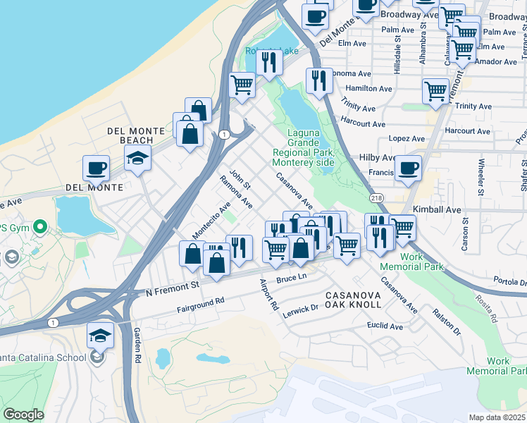 map of restaurants, bars, coffee shops, grocery stores, and more near 318 Branner Avenue in Monterey