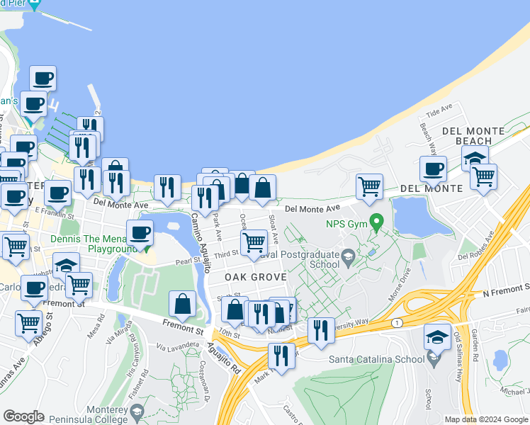 map of restaurants, bars, coffee shops, grocery stores, and more near 1299 Del Monte Avenue in Monterey