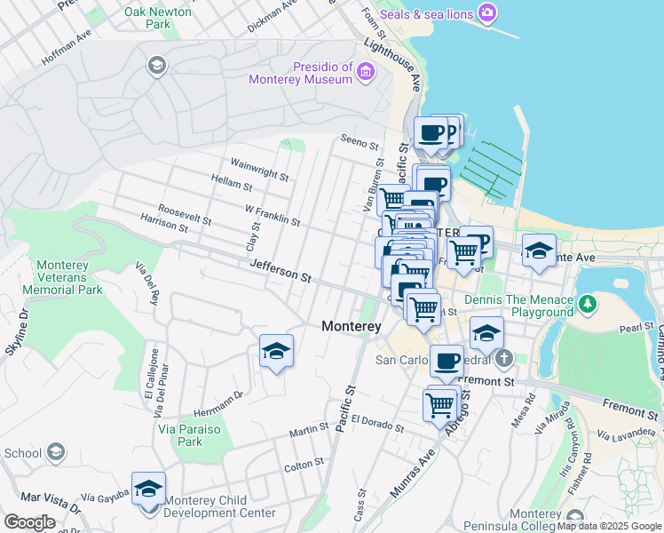 map of restaurants, bars, coffee shops, grocery stores, and more near 444 Larkin Street in Monterey