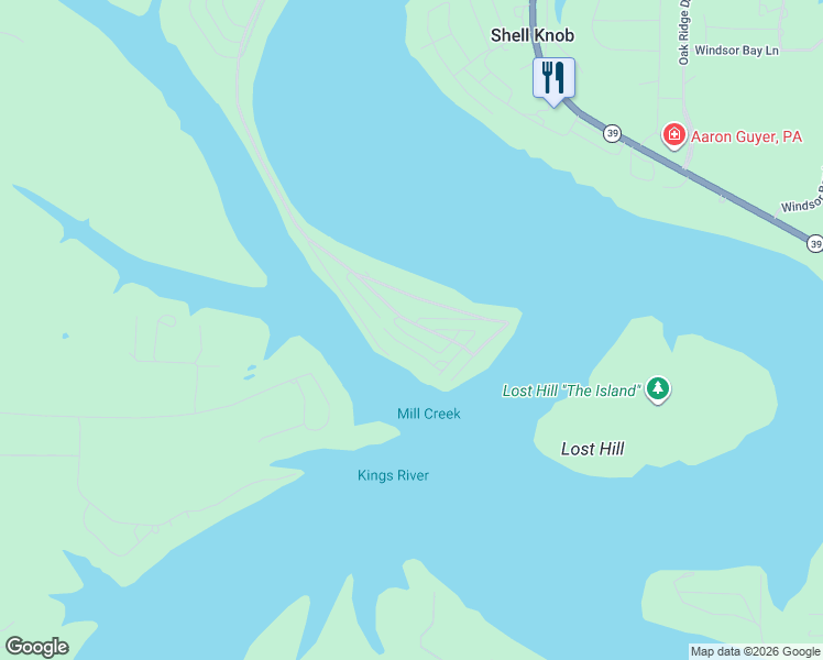 map of restaurants, bars, coffee shops, grocery stores, and more near Needles Eye Road in Shell Knob