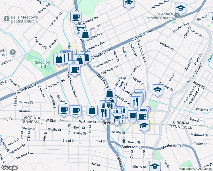map of restaurants, bars, coffee shops, grocery stores, and more near 160 Commonwealth Avenue in Bristol