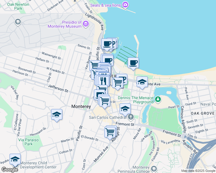 map of restaurants, bars, coffee shops, grocery stores, and more near 400 Tyler Street in Monterey