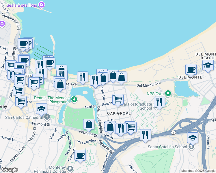 map of restaurants, bars, coffee shops, grocery stores, and more near 1179 Del Monte Avenue in Monterey