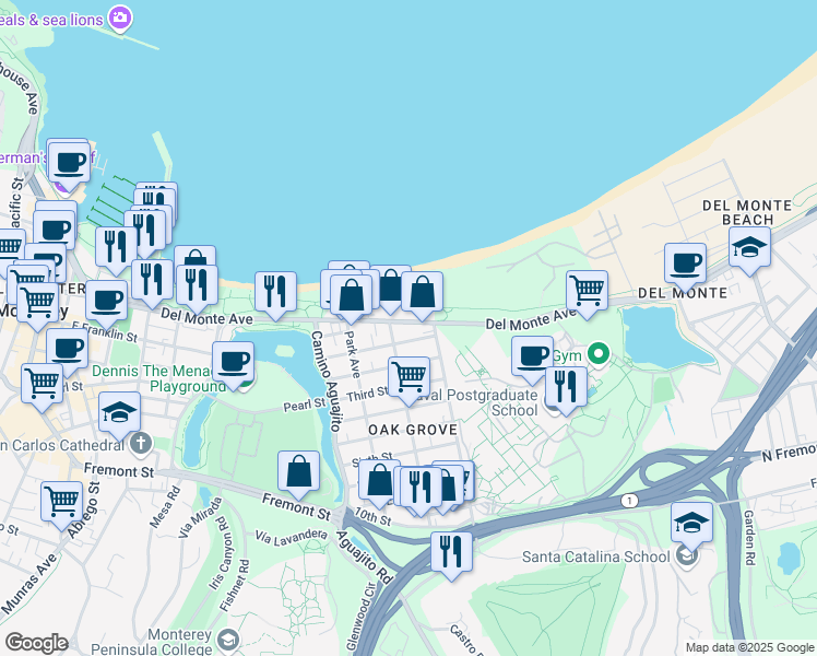 map of restaurants, bars, coffee shops, grocery stores, and more near 1232 Del Monte Avenue in Monterey