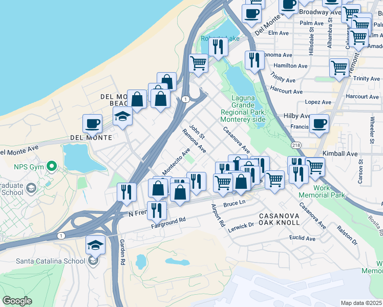 map of restaurants, bars, coffee shops, grocery stores, and more near 412 Ramona Avenue in Monterey