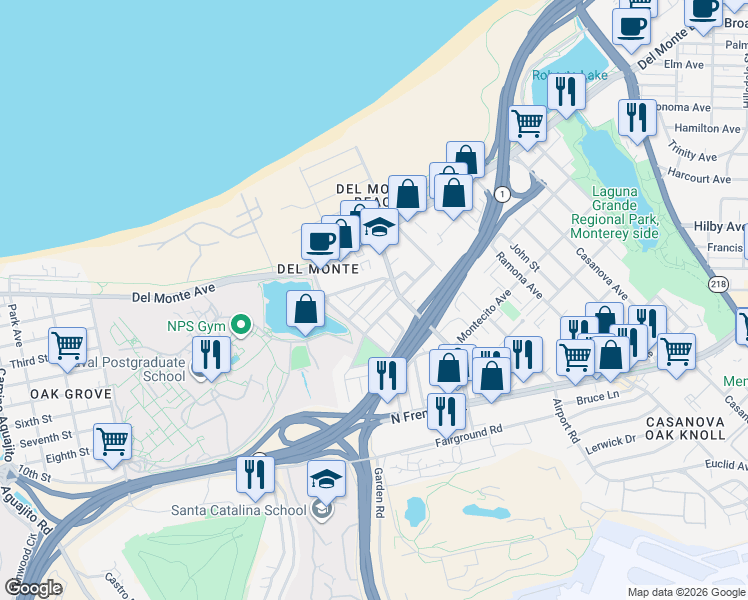map of restaurants, bars, coffee shops, grocery stores, and more near 256 Casa Verde Way in Monterey