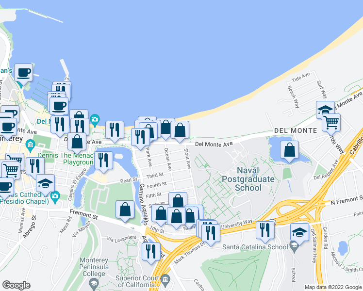 map of restaurants, bars, coffee shops, grocery stores, and more near in Monterey