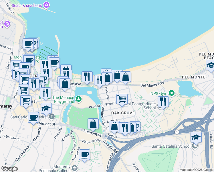map of restaurants, bars, coffee shops, grocery stores, and more near 1099 Del Monte Avenue in Monterey