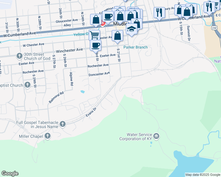 map of restaurants, bars, coffee shops, grocery stores, and more near 32 Evans Lane in Middlesboro