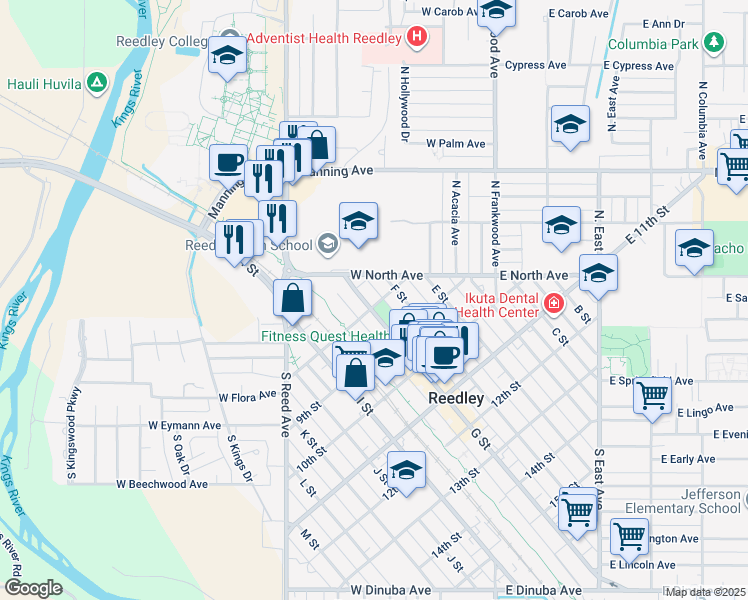 map of restaurants, bars, coffee shops, grocery stores, and more near 750-1/2 G Street in Reedley