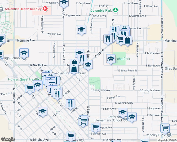 map of restaurants, bars, coffee shops, grocery stores, and more near 100 Northeast Avenue in Reedley