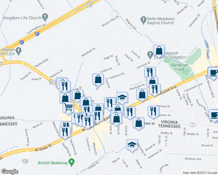 map of restaurants, bars, coffee shops, grocery stores, and more near 582 Floyd Street in Bristol