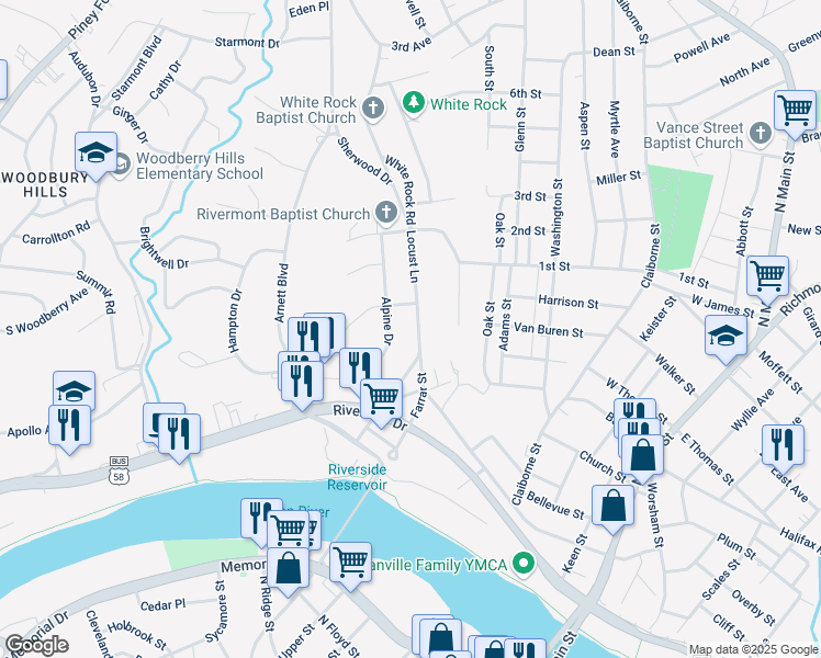 map of restaurants, bars, coffee shops, grocery stores, and more near 179 Locust Ln in Danville