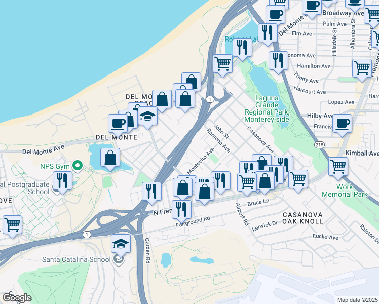 map of restaurants, bars, coffee shops, grocery stores, and more near 342 Dela Vina Avenue in Monterey