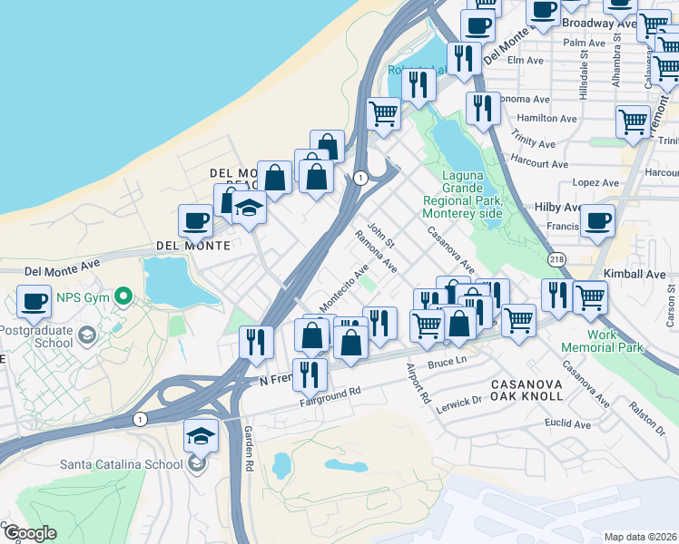 map of restaurants, bars, coffee shops, grocery stores, and more near 355 Dela Vina Avenue in Monterey