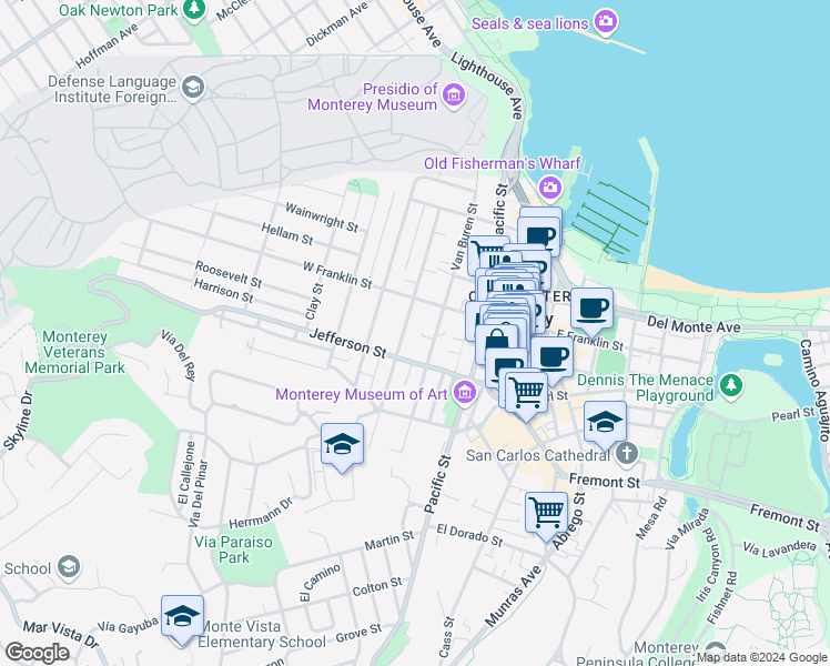 map of restaurants, bars, coffee shops, grocery stores, and more near 444 Larkin Street in Monterey
