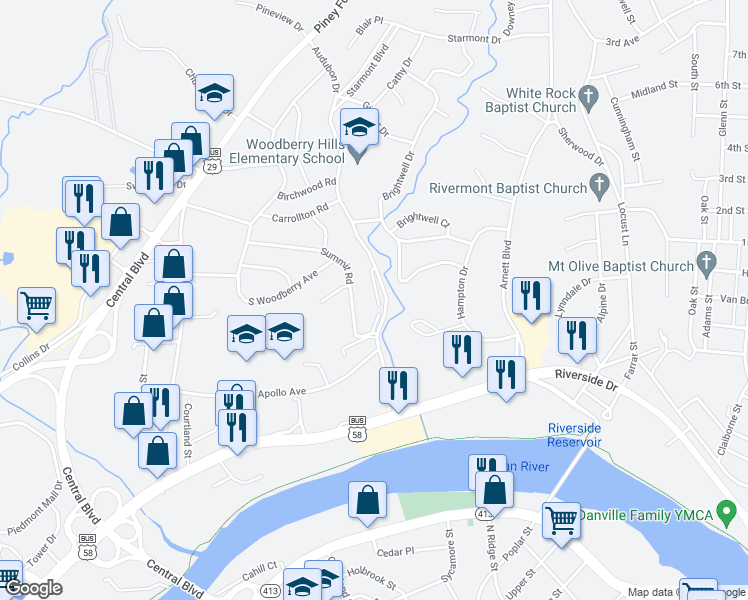 map of restaurants, bars, coffee shops, grocery stores, and more near 341 Summit Road in Danville