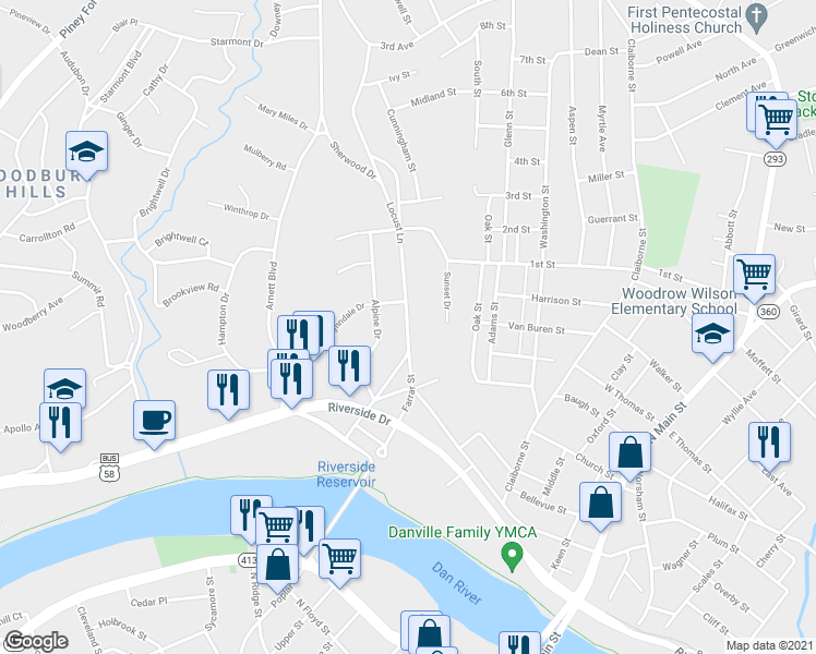 map of restaurants, bars, coffee shops, grocery stores, and more near 179 Locust Ln in Danville