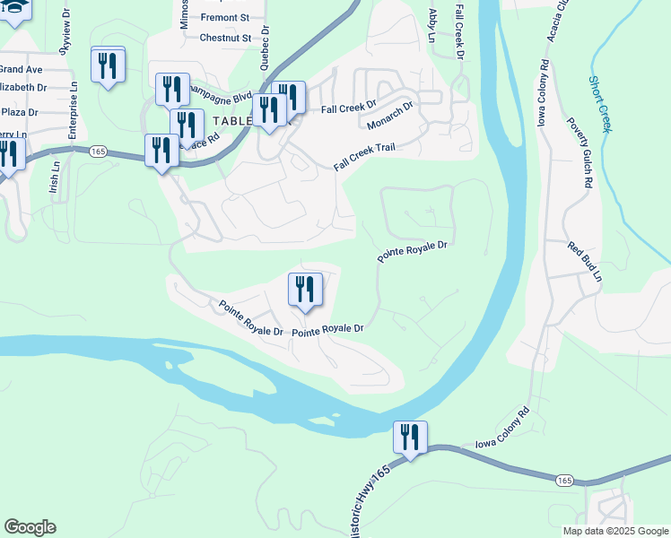 map of restaurants, bars, coffee shops, grocery stores, and more near 116 Lake Club Drive in Branson