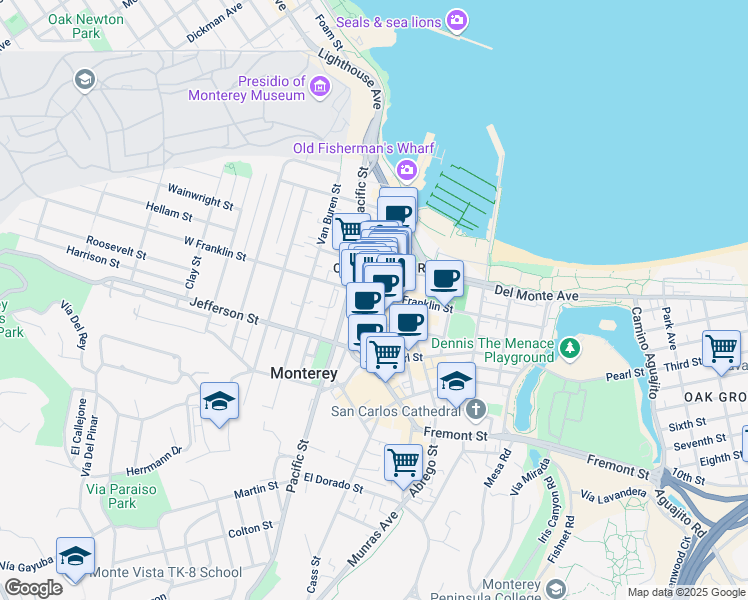 map of restaurants, bars, coffee shops, grocery stores, and more near in Monterey