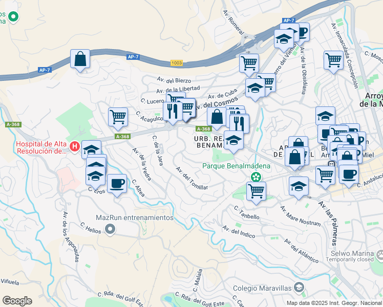 map of restaurants, bars, coffee shops, grocery stores, and more near 166 Avenida del Pacífico in Benalmádena