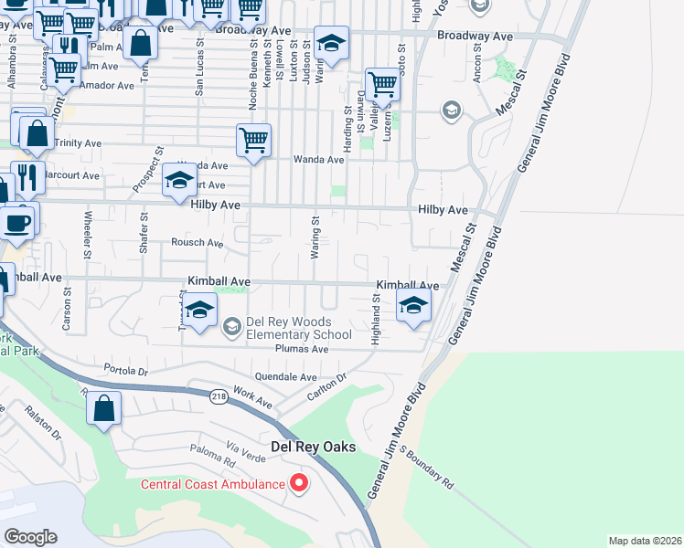 map of restaurants, bars, coffee shops, grocery stores, and more near 1106 Buena Street in Seaside