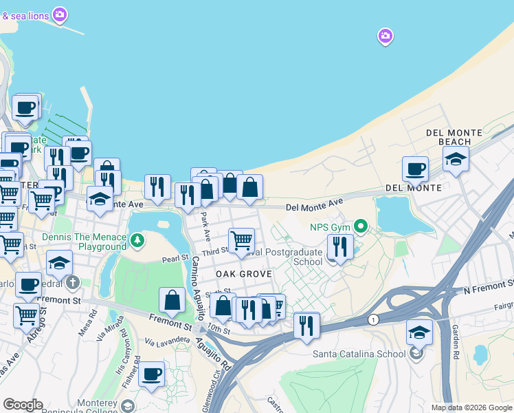 map of restaurants, bars, coffee shops, grocery stores, and more near Del Monte Ave & Sloat Ave in Monterey