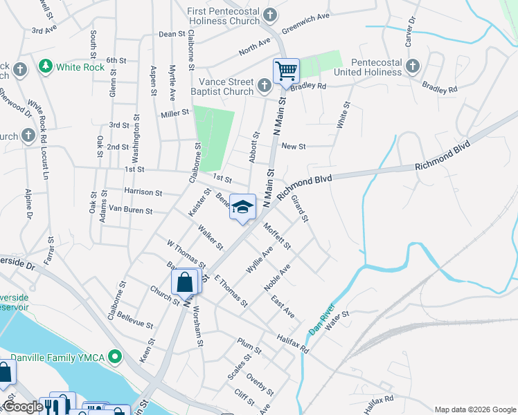 map of restaurants, bars, coffee shops, grocery stores, and more near 101-199 West James Street in Danville